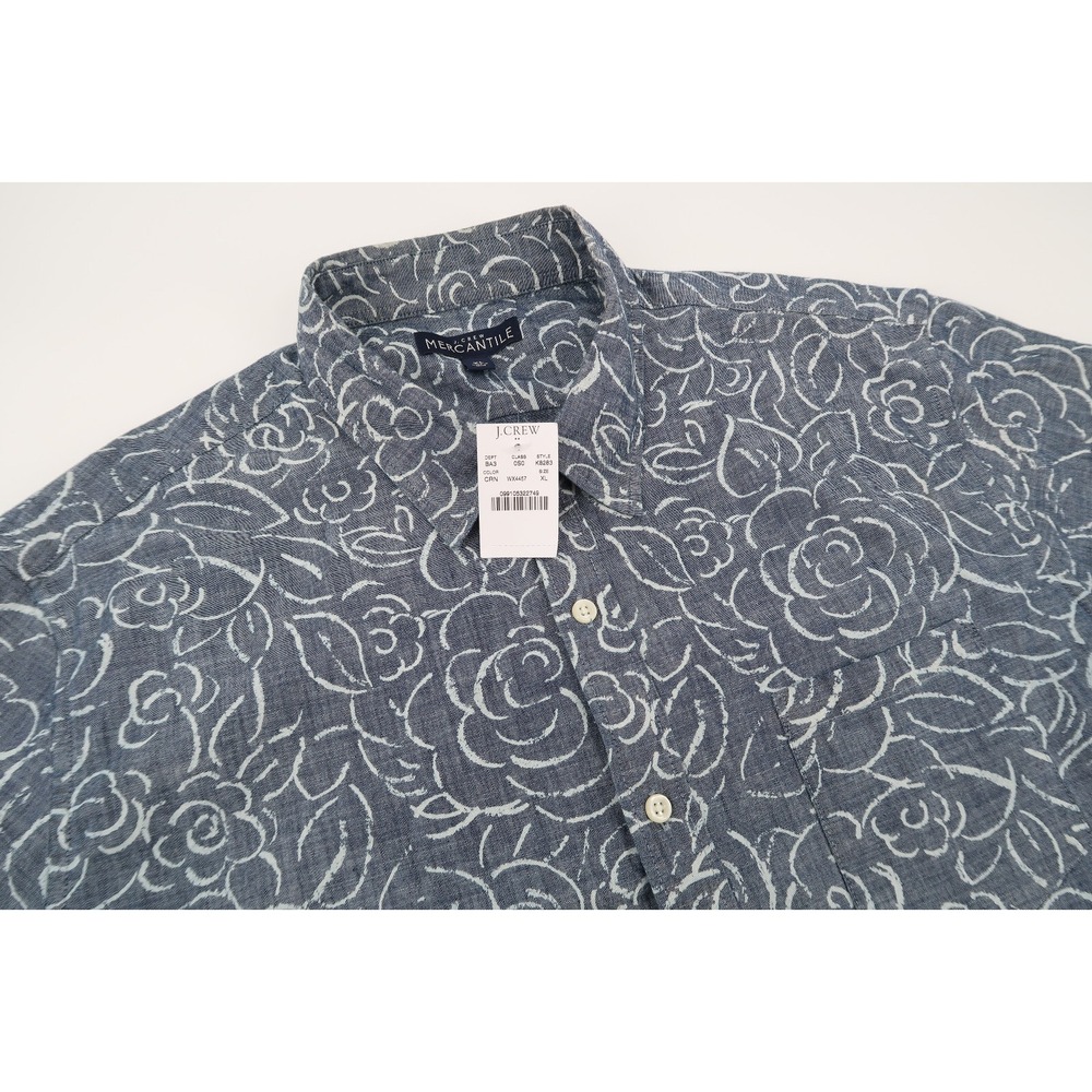 J.Crew Mens XL Navy Chambray Floral Short‎ Sleeve Button Front Shirt Print New